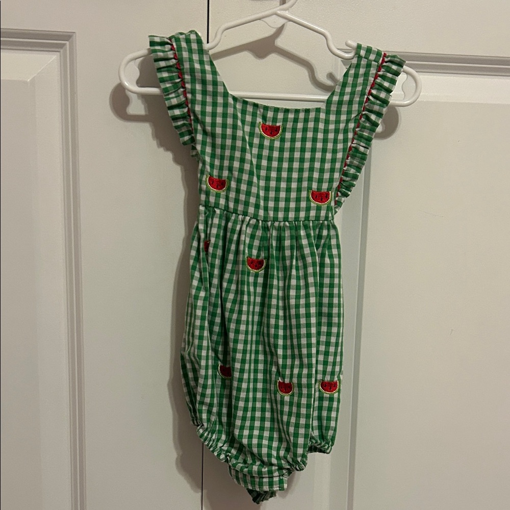 Green Gingham Baby Romper with Watermelon Embroidery